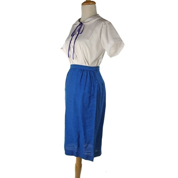 Vintage Pencil Skirt Blue Slubbed Silk Fitted Style Waist 25 Length 25 - Hey Viv - Picture 3 of 6